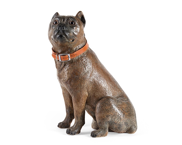 LARGE AUSTRIAN PAINTED TERRACOTTA FIGURE OF A SEATED PUG